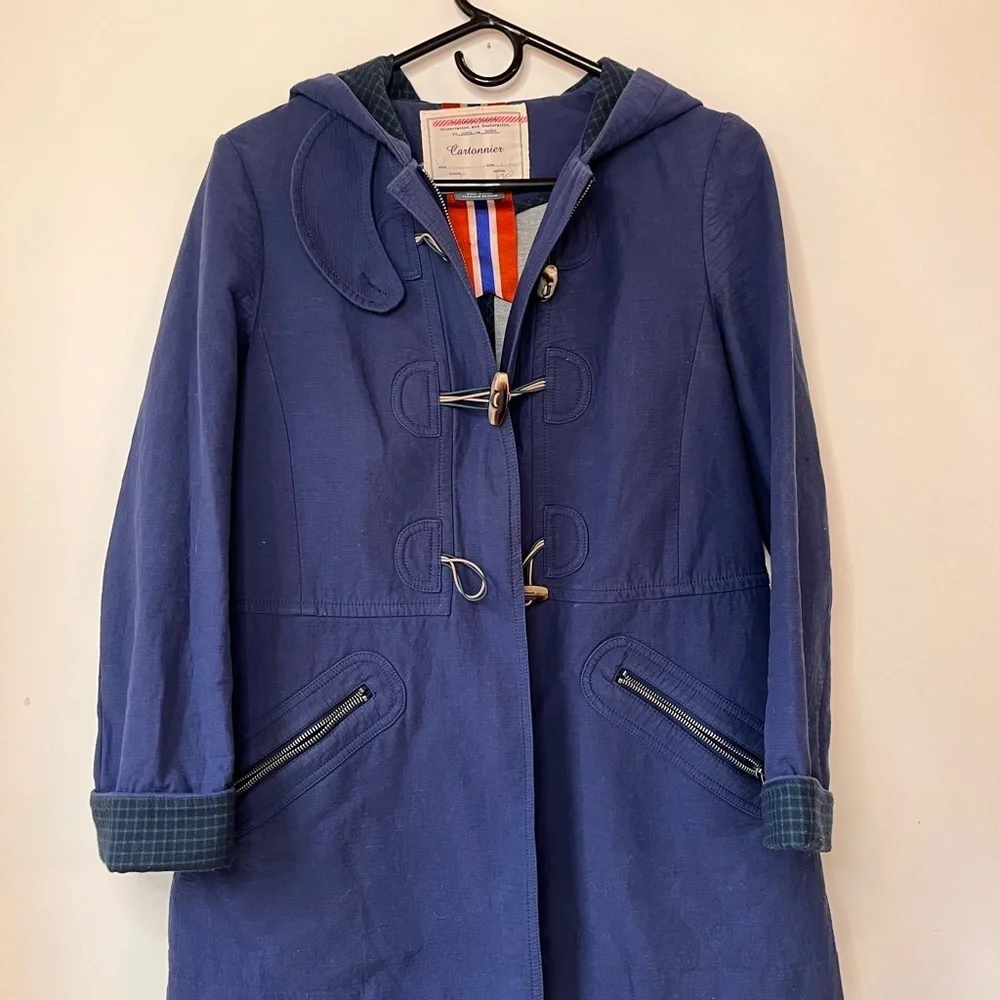 ANTHROPOLOGIE CARTONNIER Navy Blue Brown Toggle Hooded Cadet Coat Zip Jacket S
